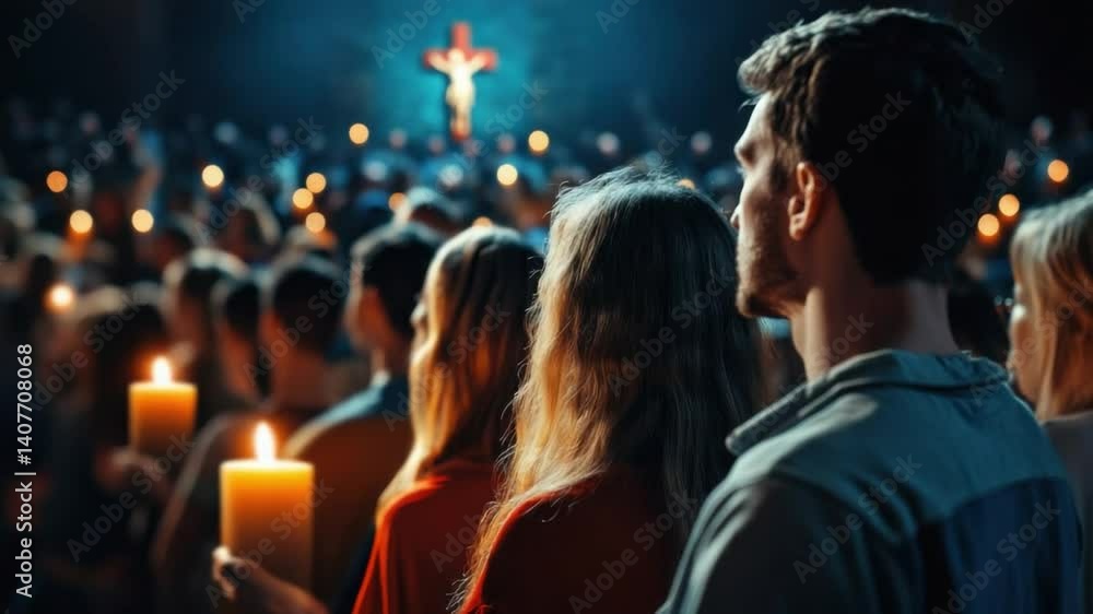 Sacred Vigil: A hushed congregation holds flickering candles, eyes fixed on a softly illuminated cross, embodying a moment of devotion and reverence. Sacred Vigil: A hushed congregation holds flickering candles, eyes fixed on a softly illuminated cross, embodying a moment of devotion and reverence.