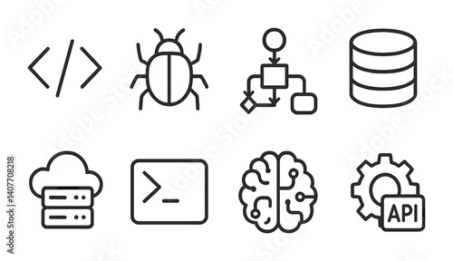 Line art icons of bubble tea, avocado, cereal, ramen, burger, milk, sushi, camera.