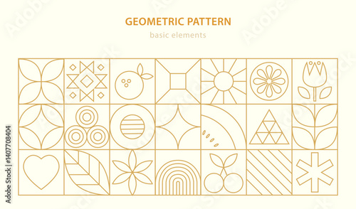 Geometric food line pattern. Natural flower plant simple shape, abstract eco agriculture concept. Vector minimal banner. Bauhaus style.