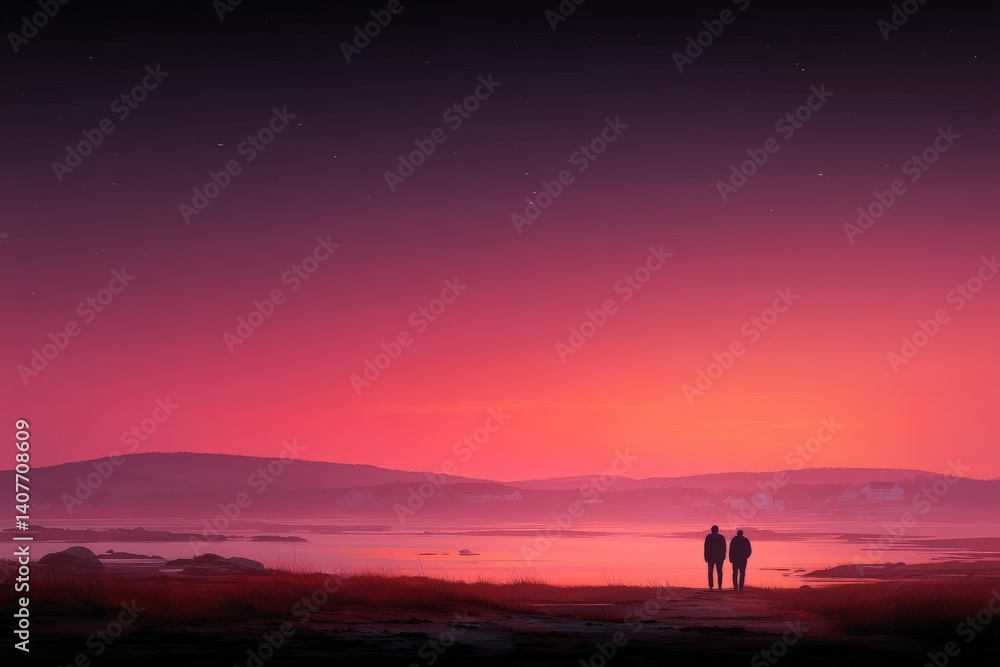 Couple enjoys serene sunset by the calm water with reflections in the quiet landscape Couple enjoys serene sunset by the calm water with reflections in the quiet landscape