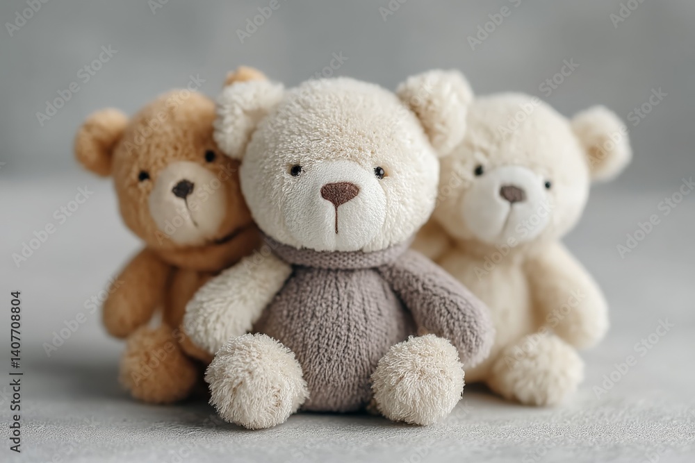 Soft teddy bears in pastel colors arranged in a close-knit group on a light surface during a calm indoor setting Soft teddy bears in pastel colors arranged in a close-knit group on a light surface during a calm indoor setting