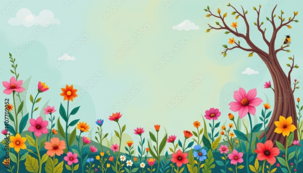 Whimsical Garden Scene Illustrate a whimsical design where flowers are depicted with playful characters, such as insects and fairies, all set on a colorful backdrop. Whimsical Garden Scene Illustrate a whimsical design where flowers are depicted with playful characters, such as insects and fairies, all set on a colorful backdrop.