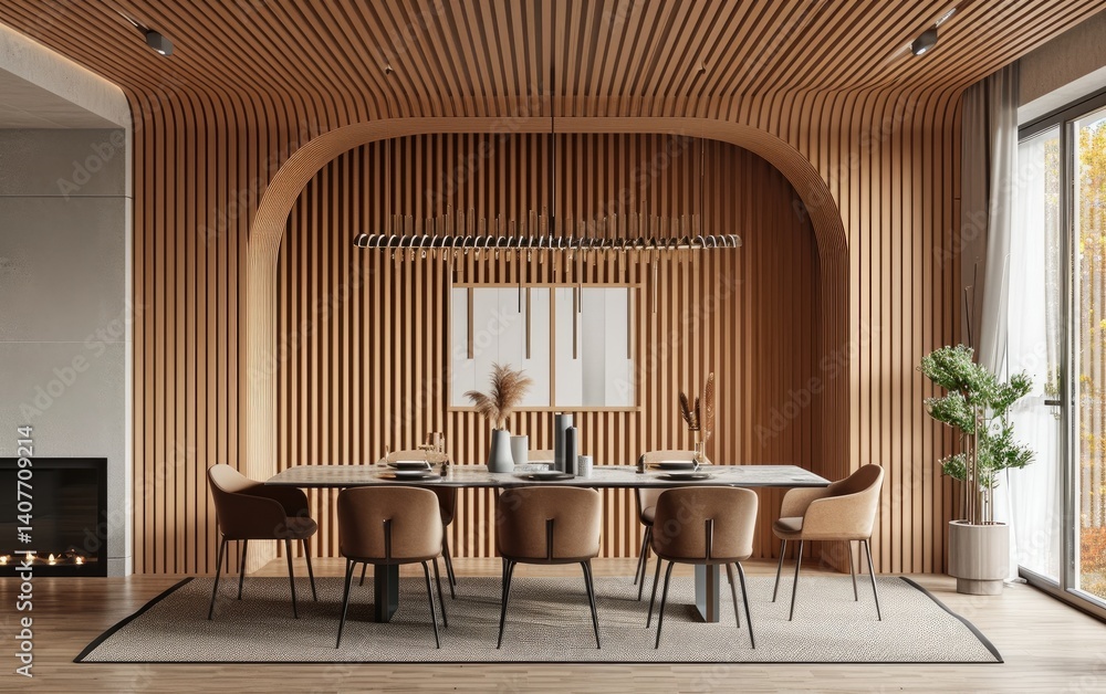 Stylish dining room With curved wooden wall and ceiling, a long marble table, and brown leather chairs.