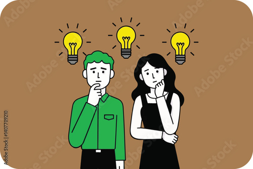 Two People Contemplating Ideas Under Glowing Light Bulbs: Brainstorming, Innovation, and Problem Solving