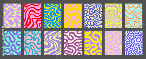 Abstract Geometric Posters Set. Cool Groovy Placards Vector Design. Y2k Trippy Wavy Textures Collection. Playful Funny Covers.