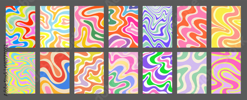 Abstract Geometric Colorful Posters Set. Cool Groovy Placards Vector Design. Y2k Bright Trippy Wavy Textures Collection. Playful Funny Covers.