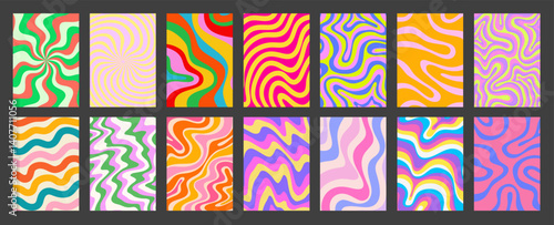 Abstract Geometric Colorful Posters Set. Cool Groovy Placards Vector Design. Y2k Bright Trippy Wavy Textures Collection. Playful Funny Covers.