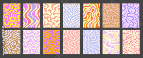 Abstract Geometric Colorful Posters Set. Cool Groovy Placards Vector Design. Y2k Bright Trippy Wavy Textures Collection. Playful Funny Covers.