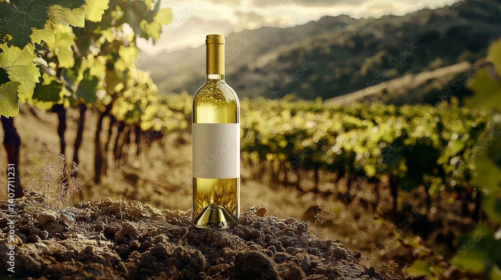 Fototapeta premium Mockup of White Wine Bottle in Vineyards