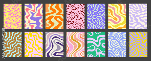 Abstract Geometric Colorful Posters Set. Cool Groovy Placards Vector Design. Y2k Bright Trippy Wavy Textures Collection. Playful Funny Covers.