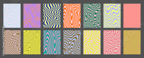 Cool Acid Geometric Wavy Lines Texture Set. Trippy Y2k Psychedelic Stripes Vector Design. Optical Illusion Art Covers Collection.