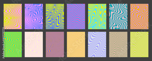 Cool Acid Geometric Wavy Lines Texture Set. Trippy Y2k Psychedelic Stripes Vector Design. Optical Illusion Art Covers Collection.