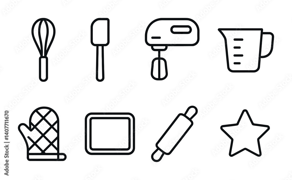 Baking essentials: whisk, rolling pin, oven mitt for cookies and oven. Baking essentials: whisk, rolling pin, oven mitt for cookies and oven.