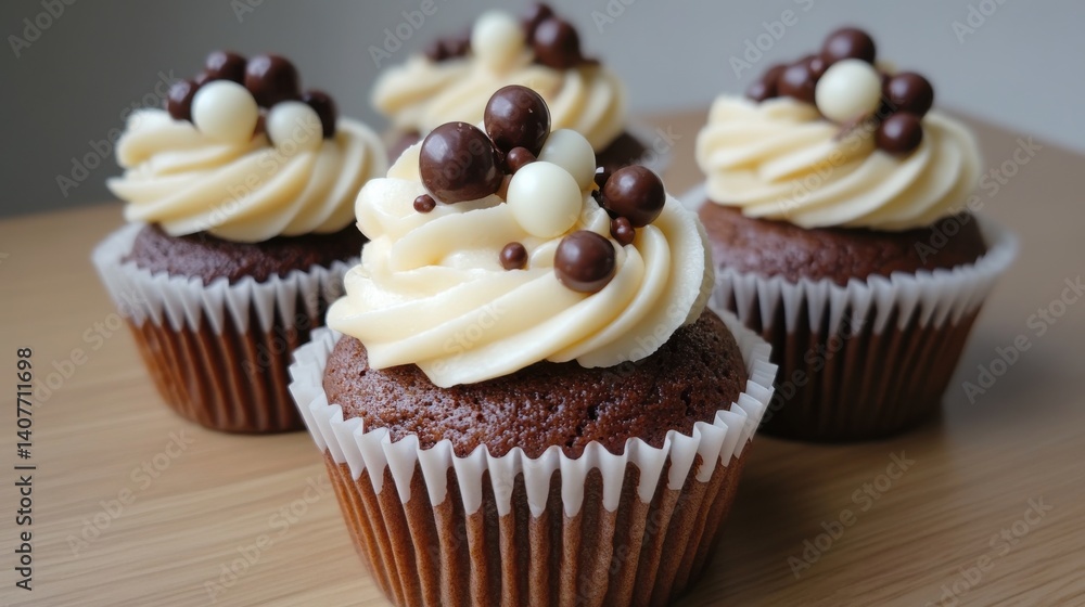 A close-up shot of rich chocolate cupcakes topped with creamy frosting and garnished with chocolate pieces, showcasing a decadent dessert.