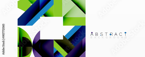 Geometric shapes create vibrant design. Blue, green, purple hues blend, forming dynamic composition. White space offers text placement opportunity. Modern aesthetic.