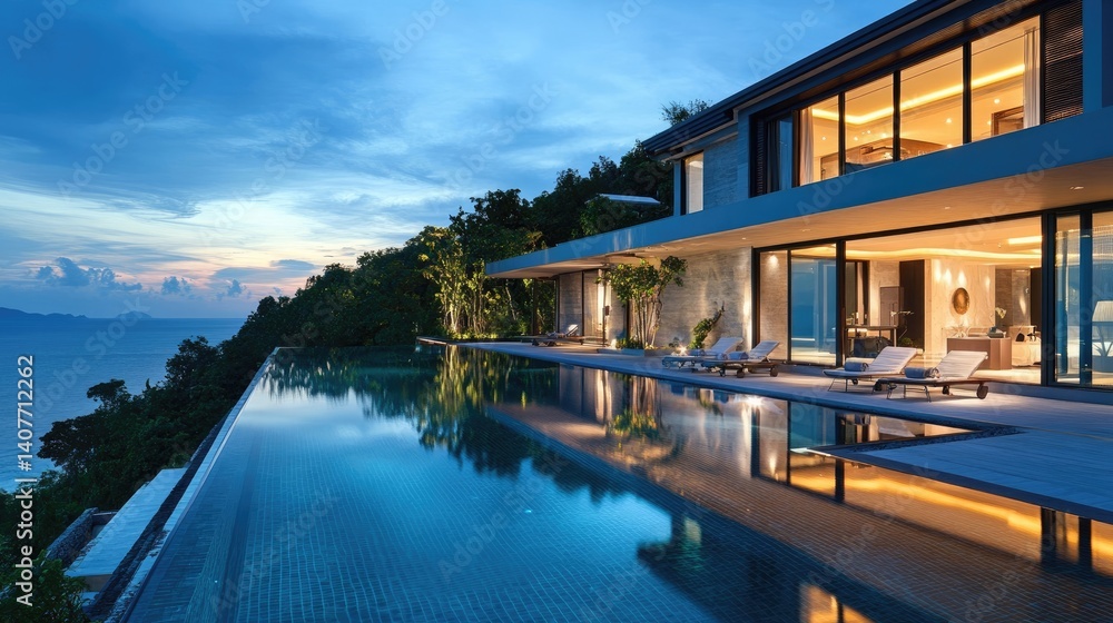 Fototapeta premium Villa at dusk with a luxurious setting and elegant design