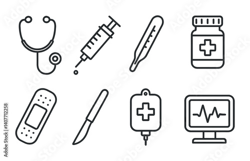 Line art medical equipment: stethoscope, syringe, thermometer, medicine bottle, bandage, scalpel, iv, monitor.