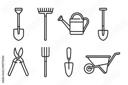 Set of essential garden tools icons: shovel, rake, watering can, shears, wheelbarrow.