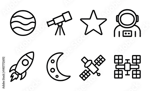 Space exploration icons: telescope, astronaut, rocket, satellite, moon, planet, star.