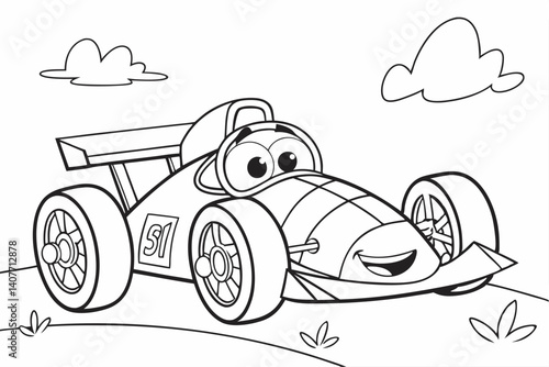 kids coloring page, a cool race car with a smile, cartoonish, friendly, thick outlines