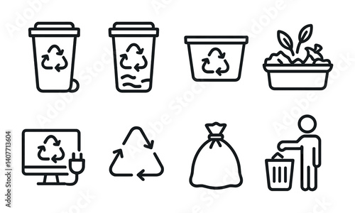 Recycling icons: waste bins, compost, and eco-friendly symbols for waste management.