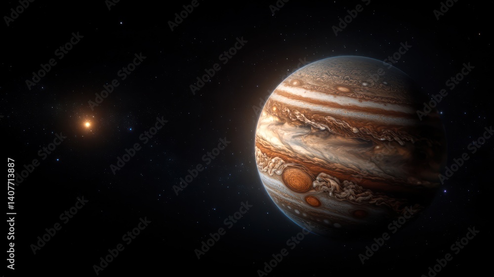 Jupiter in Space, Colorful Stripes, Starry Night Sky Jupiter in Space, Colorful Stripes, Starry Night Sky