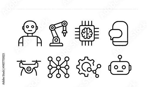 Icons of robotics, ai, and technology featuring robots and neural networks.