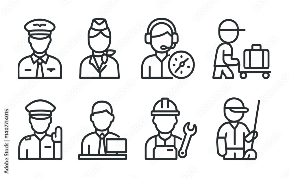 Fototapeta premium Outline icons of various occupations: pilot, flight attendant, customer service, baggage handler, sailor, businessman, mechanic, janitor.