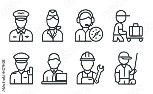 Outline icons of various occupations: pilot, flight attendant, customer service, baggage handler, sailor, businessman, mechanic, janitor.