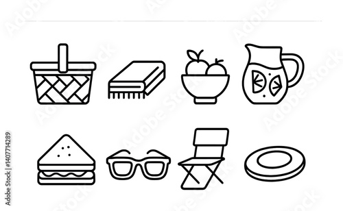 Picnic essentials: basket, blanket, fruits, lemonade, sandwich, sunglasses, chair, frisbee icons.
