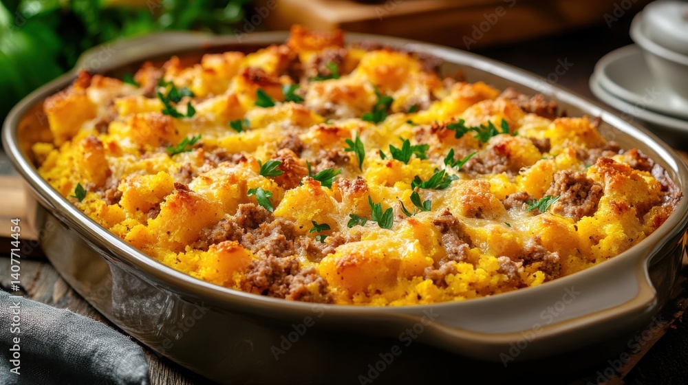 A delicious baked dish featuring golden cheese and colorful ingredients, presented in a rustic dish, inviting appetite. A delicious baked dish featuring golden cheese and colorful ingredients, presented in a rustic dish, inviting appetite.
