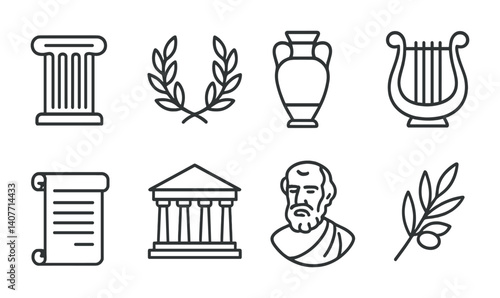 Ancient greek symbols: column, laurel, amphora, lyre, scroll, temple, philosopher, olive branch.