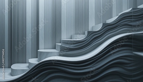 Flowing architectural stairs modern building interior abstract design elements minimalist environment artistic perspective