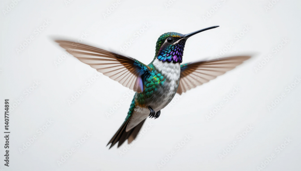 Fototapeta premium Detailed Close-Up of a Small Hummingbird Flying on White