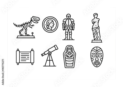 Ancient artifacts and historical icons: fossils, statues, armor, and more illustrated.