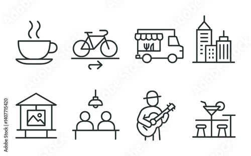 Urban lifestyle icons: coffee, bicycle, food truck, buildings, art, people, music, bar.