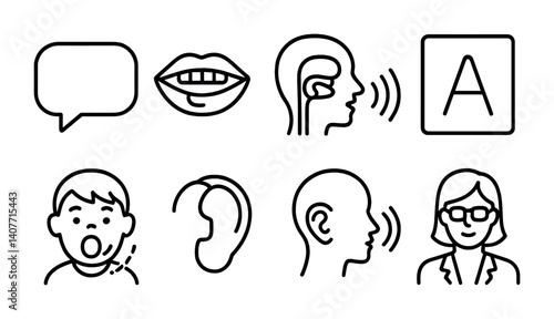 Communication icons: speech, listening, lip reading, speaking, alphabet symbols.
