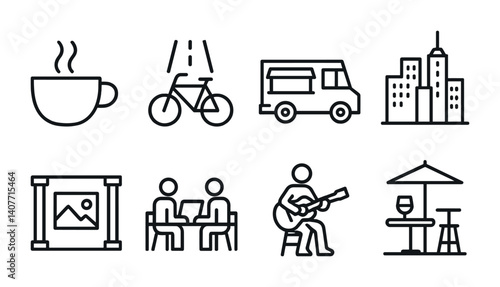 Set of minimalist icons: coffee, bicycle, food truck, cityscape, art, meeting, guitarist, outdoor dining.