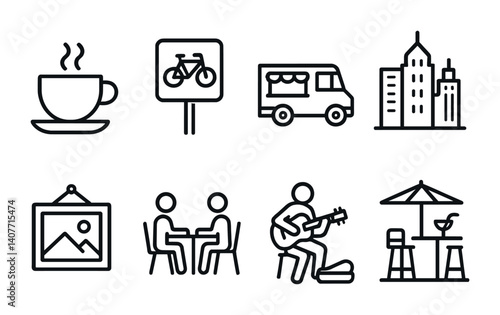 Urban icons: coffee, bicycles, food truck, cityscape, art, conversation, music, outdoor dining.