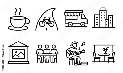 Line icons: coffee, bicycle, food truck, buildings, museum, meeting, musician, dining.