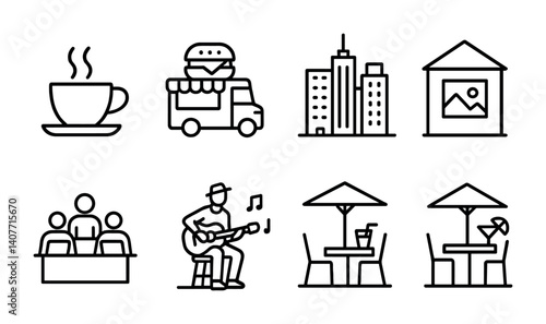 Line art icons: coffee, food truck, cityscape, art, audience, musician, outdoor cafe.