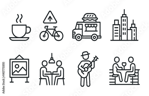 Urban life icons: coffee, cycling, food truck, cityscape, dining, art, music.