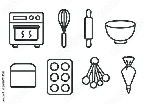Outline icons of baking tools: oven, whisk, rolling pin, bowl, bread, cupcake tray, measuring spoons, piping bag.