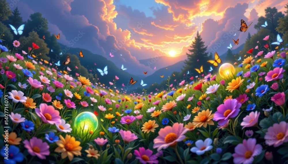 Fototapeta premium Enchanted Flower Meadow Design a vibrant meadow filled with a variety of colorful flowers, dotted with whimsical butterflies and glowing magical orbs.