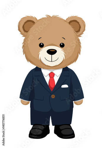 A cartoon Teddy bear wearing a suit and tie. The bear is smiling and he is happy. The outfit is formal and professional, suggesting that the bear could be a businessman or a professional in some way