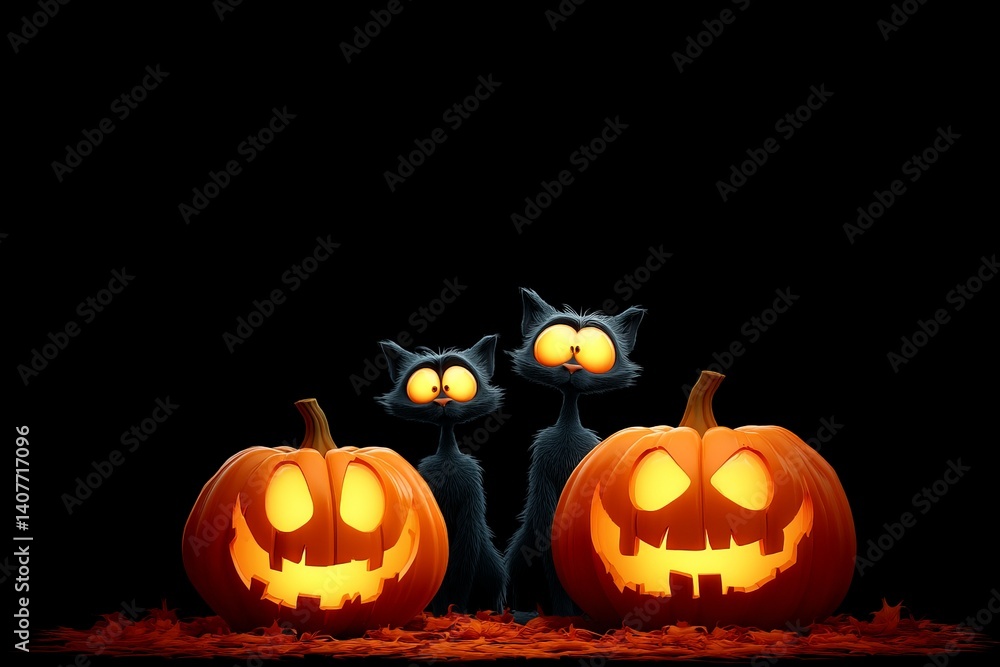 Cute black cats with glowing eyes stand beside carved pumpkins during Halloween night celebration Cute black cats with glowing eyes stand beside carved pumpkins during Halloween night celebration