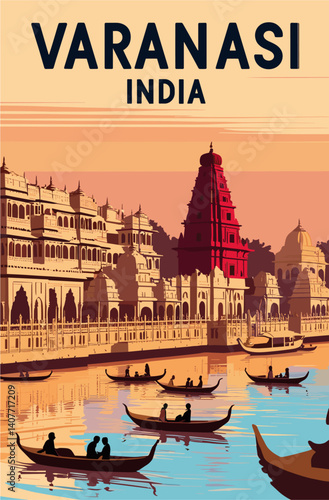 Varanasi, India travel destination poster in retro style. Vector illustration