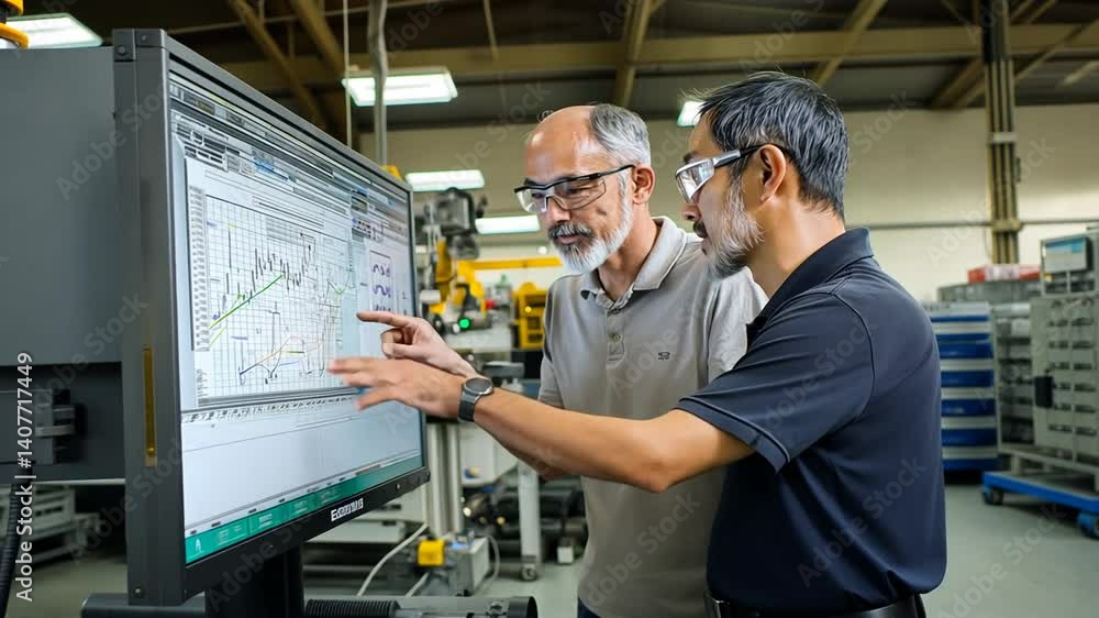 High-Tech Manufacturing Facility with Engineer and CTO Reviewing Data High-Tech Manufacturing Facility with Engineer and CTO Reviewing Data