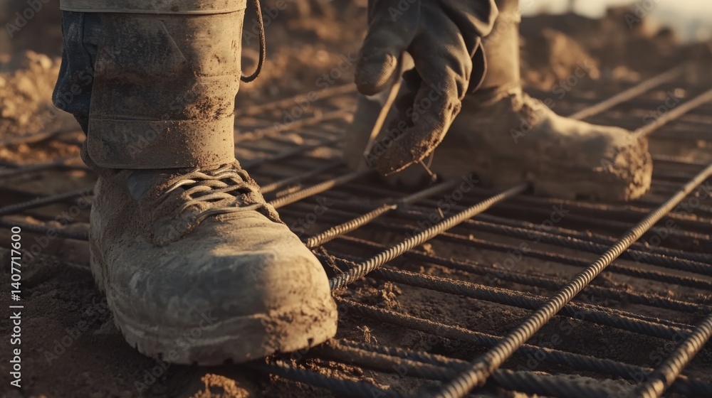 Steel reinforcement worker tying rebar at foundation site. Featuring strength and precision Steel reinforcement worker tying rebar at foundation site. Featuring strength and precision