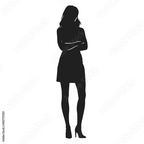 A bold silhouette of a woman standing with arms crossed, wearing a skirt and high heels.